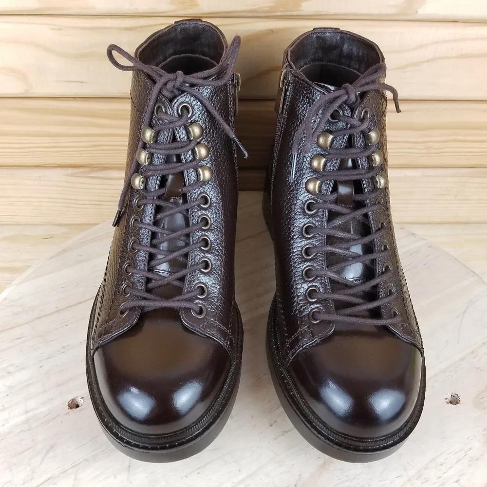 Men's 100% Genuine Leather Brown Ankle Boots 7 US Paul Branco Side Zip Lace-up